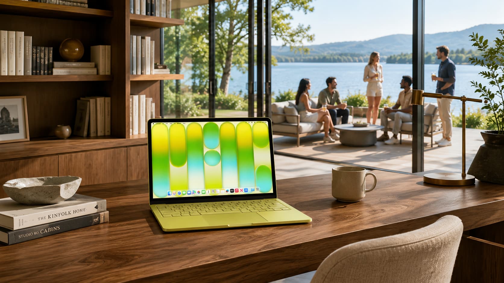 Two colleagues reviewing a desktop workflow together on a laptop and tablet.